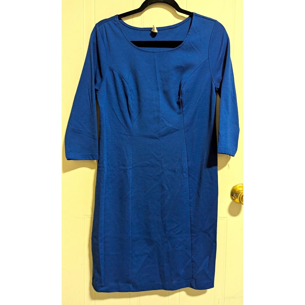 Old Navy Blue Solid Sheath Dress Round Neck 3/4 Sleeve Knit Stretch Knee M